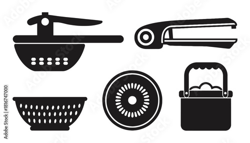 A black and white illustration of kitchen and household appliances