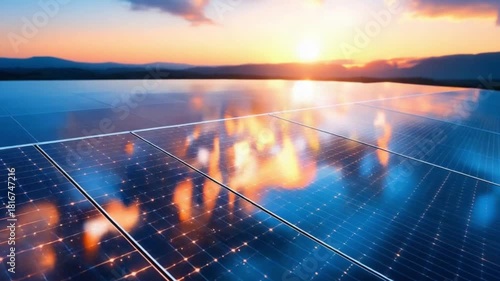 Solar panels reflecting sunset light energy future and clean power source