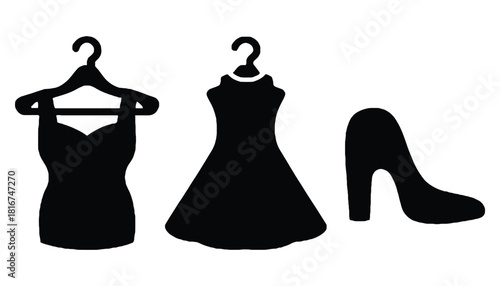 Black silhouettes of dress on hanger dress and high heel shoe icon