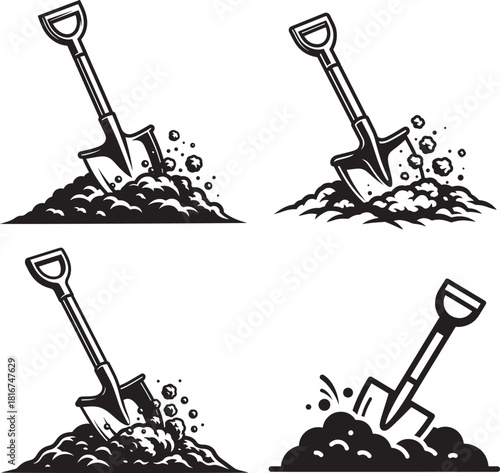 Four illustrations of a shovel digging into soil and dirt with splashing effects silhouette isolated on transparent background