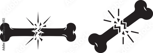 Two black silhouette bone fracture icons with jagged cracks and radiating lines isolated on transparent background