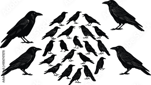 Black Raven Silhouette Triangle Formation with Walking Birds in Various Poses for Nature, Wildlife, and Artistic Vector Illustration Use