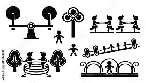 Black and white playground equipment and children vector illustration