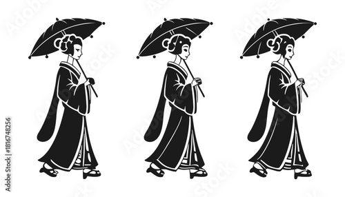 Vector art of japanese geisha with umbrella black and white art