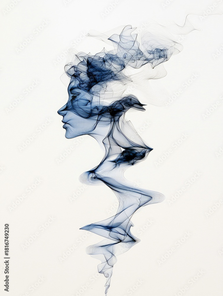 Fototapeta premium A profile silhouette of a woman's head and neck formed from wisps and tendrils of blue smoke. The smoke flows upwards and outwards, creating a sense of ethereal