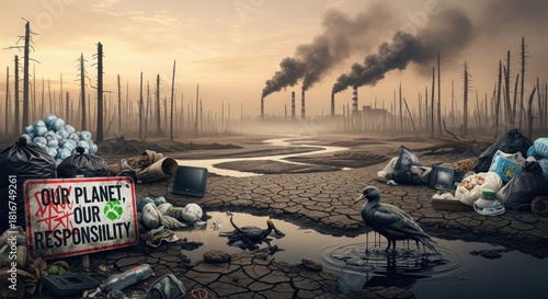A desolate, polluted landscape with a sign reading 'Our Planet, Our Responsibility'