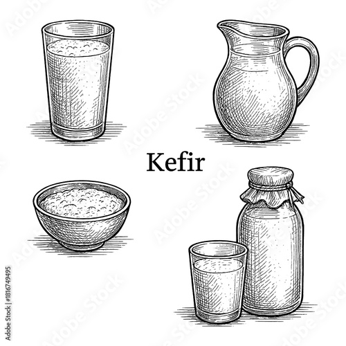 Vintage Kefir Sketch Set with Bottle, Glass, Bowl, and Kefir Grains Transparent Background