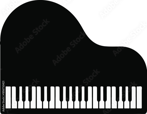 Grand piano vector illustration featuring the keyboard and curved body rendered in black and white