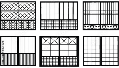 Six black and white geometric window designs in a grid arrangement