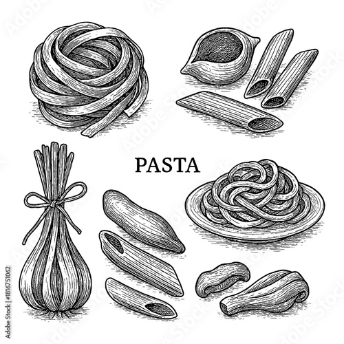Vintage pasta ingredients engraving illustration set