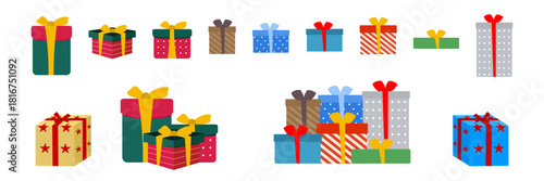 Christmas gift set in various colors. Flat Christmas cartoon characters.