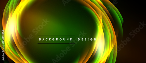 Abstract neon layers create vibrant circular design. Green, yellow, orange hues blend seamlessly. Modern background element.