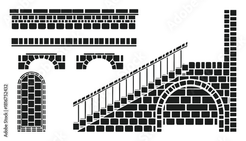 Black and white architectural elements featuring brickwork and arches