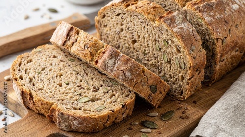 Sliced Bread on Wooden Board - A loaf of sliced seeded bread symbolizes nourishment, growth, simplicity, tradition, and connection to nature