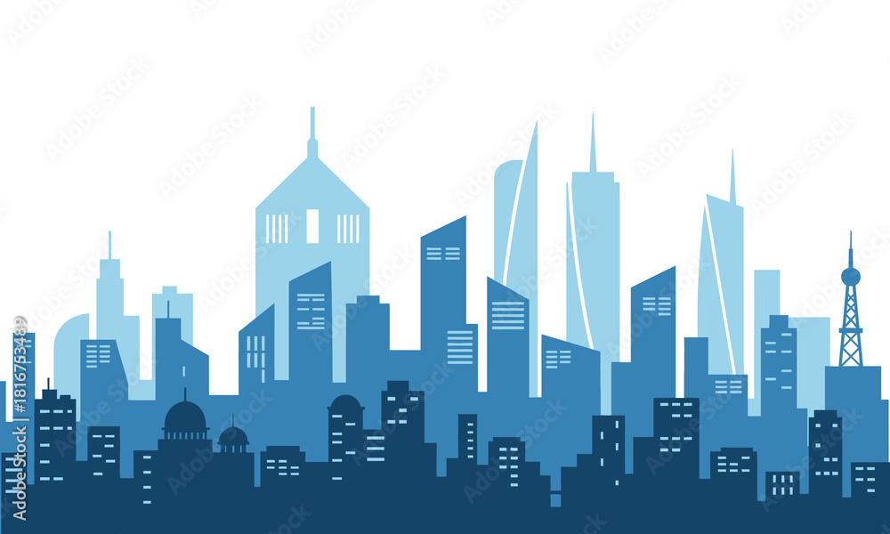 Naklejka premium Modern blue city skyline vector illustration. Flat urban cityscape background with skyscrapers and office buildings silhouette for real estate or business banner.