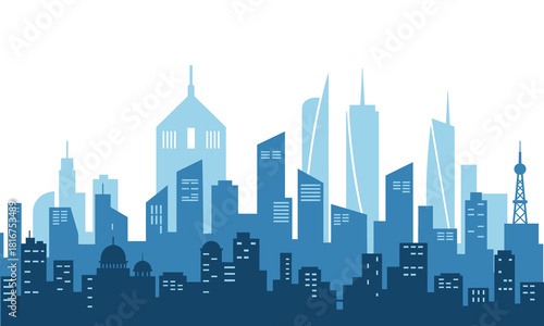 Modern blue city skyline vector illustration. Flat urban cityscape background with skyscrapers and office buildings silhouette for real estate or business banner.