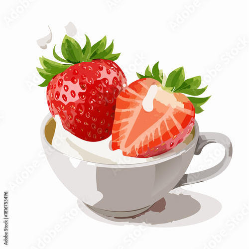 small white cup filled with three ripe red strawberries and generous creamy white topping