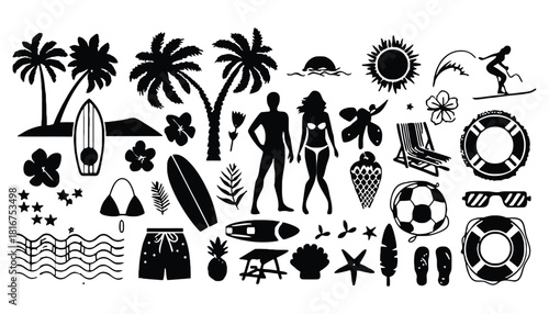 Black and white silhouette illustration of summer beach vacation items