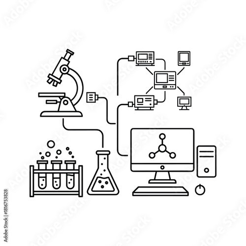 Line art icon representing laboratory analysis equipment connected to a computer system for data processing isolated on