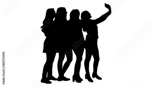 Silhouette of four women taking a selfie on a white background image
