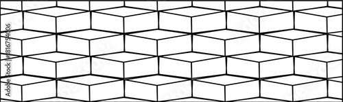 Seamless geometric cube pattern with a black outline on a white background creating an illusion of depth and volume, perfect for architectural or abstract design projects