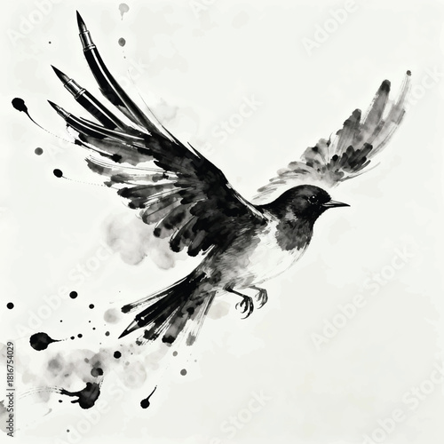 Illustration Of A Bird With Feathers At The Tip Of A Pen, Flying Leaving Lines Floating In The Air Vector Design Template