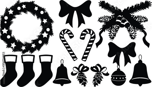 Christmas vector bundle with wreath stocking and candy canes