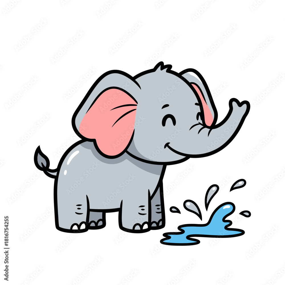 Fototapeta premium Happy cartoon elephant playing with water splashing happily.
