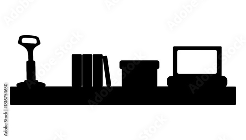 Silhouette of shelf with books box lamp and laptop on white background