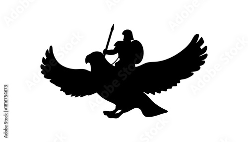 Silhouette of a warrior riding a large eagle with wings outstretched