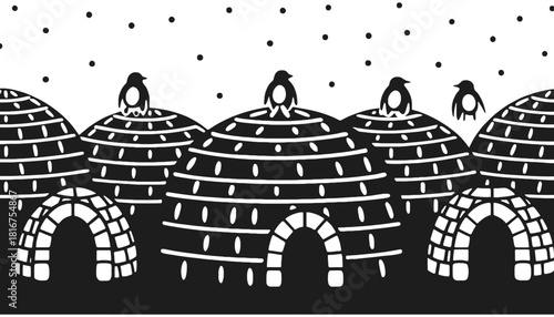 Black and white illustration of penguins on igloos in falling snow