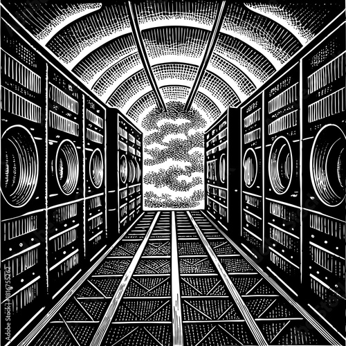 Sci fi corridor with circular openings and cloudy sky view