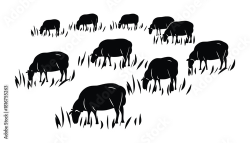 Sheep grazing vector illustration black and white silhouette