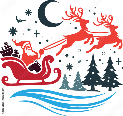 Santa sleigh raindeer logo vector white background .