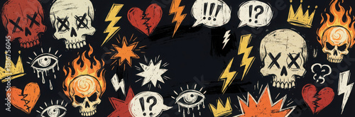 Punk Rock Skulls Lightning Bolts Hearts and Crowns Doodle Art image photo