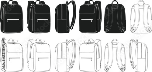 Backpack vector set, various views, silhouette and outline, school, travel, outdoor, casual, durable, versatile, graphic, icon, black and white, modern, functional, product.