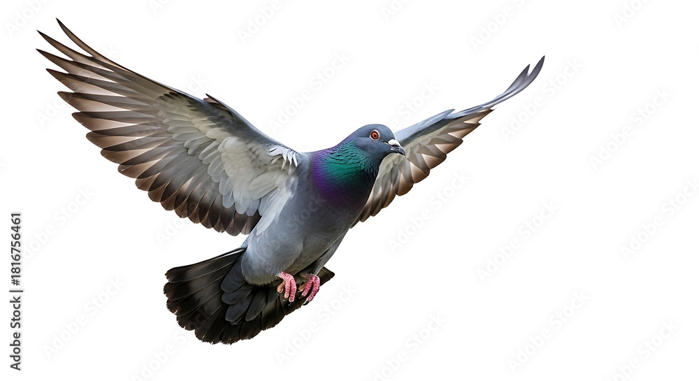 Obraz premium A pigeon is shown mid-flight with wings outstretched. Its plumage displays a mix of grey, black, and iridescent colors