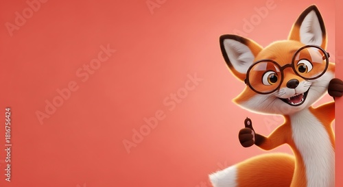 Cute Fox Cartoon Character Peeking Around Edge, Thumbs Up