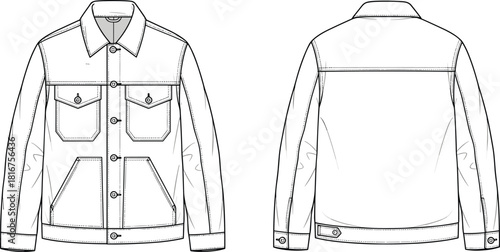 Denim jacket technical drawing, front and back views, fashion flat sketch, outerwear design, casual, classic, trucker jacket, streetwear, versatile, vector, illustration, garment, blueprint, rugged.