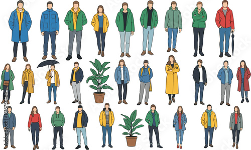 Diverse young adults character set, various outfits, casual fashion, men and women, urban, modern, street style, students, freelancers, vector, illustration, graphic, collection, trendy.