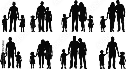 Family silhouettes set, parents and children holding hands, happy family, togetherness, love, care, childhood, bonding, protection, black, vector, illustration, graphic, dynamic.