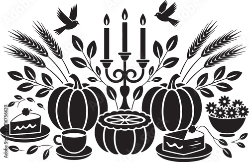 Hand-drawn pumpkin sketch. Black and white Icons of harvest feast silhouetted