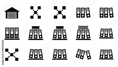 Collection of black and white file storage and network icons