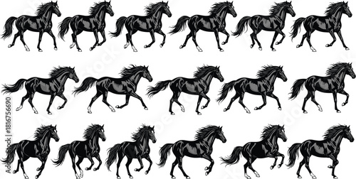 Galloping horse sprite sheet, various animation frames, black stallion, movement, speed, dynamic, animal, equestrian, action, vector, illustration, graphic, sequence, power, elegant.