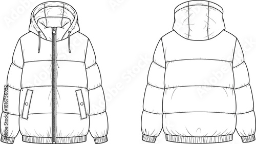 Hooded puffer jacket technical drawing, front and back views, fashion flat sketch, outerwear design, winter coat, warm, cozy, casual, padded, quilted, vector, illustration, garment, blueprint.