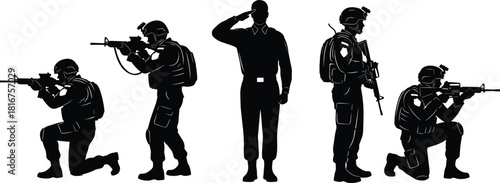 Military soldier silhouettes set, armed forces, army, combat, tactical gear, rifles, helmets, salute, protection, strength, patriotism, black, vector, illustration, graphic, dynamic.