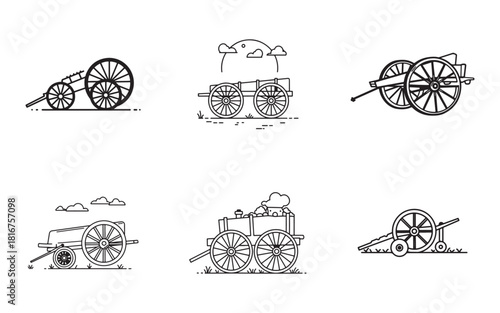 Collection of antique wagons and cannons black line art design
