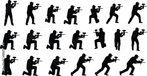 Paintball players silhouettes set, various action poses, paintball markers, tactical gear, extreme sport, game, competition, teamwork, strategy, active, black, vector, illustration, graphic, dynamic.