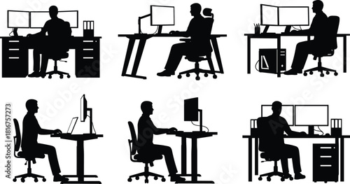 People working at desk silhouettes set, computers, monitors, office, remote work, business, technology, productivity, professional, concentration, black, vector, illustration, graphic, modern.
