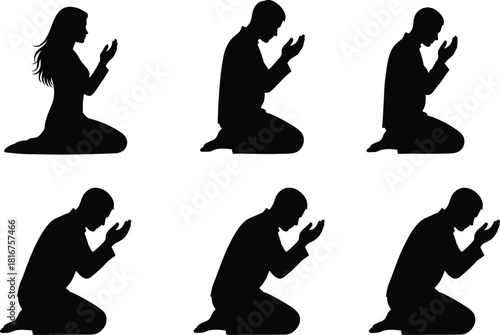 Praying people silhouettes set, men and women kneeling in prayer, devotion, spirituality, religion, faith, worship, contemplation, peace, serenity, black, vector, illustration, graphic, solemn.
